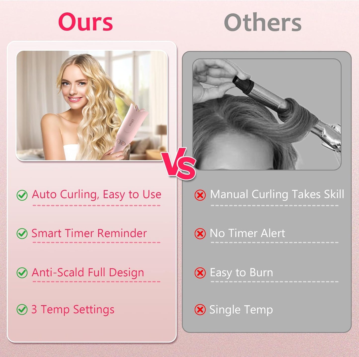 Automatic Rotating Curling Iron, 1 Inch Ceramic Curling Wand, 1-Click Hair Curler with 3 Heat & Timers, Anti-Scald Design, 1M Ionic Care, Dual Voltage for Travel Beach Waves, Pink