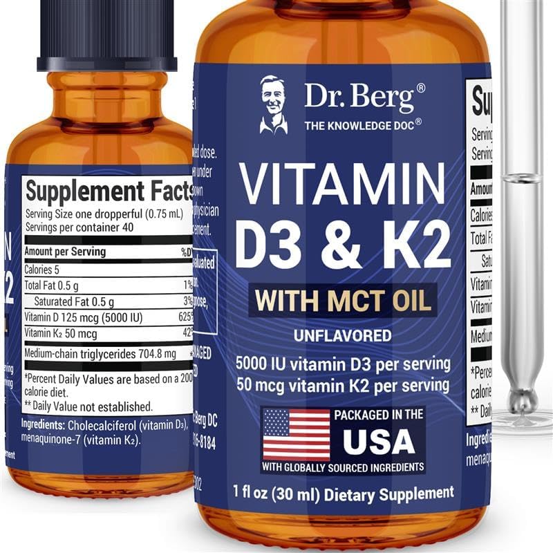 Maximum Strength Vitamin D3 K2 Liquid Drops with MCT Oil – 5,000 IU Liquid Vitamin D3 with K2 – Supports Strong Bones, Heart, Energy, Immunity, and Overall Vitality* - Unflavored 1 Fl Oz