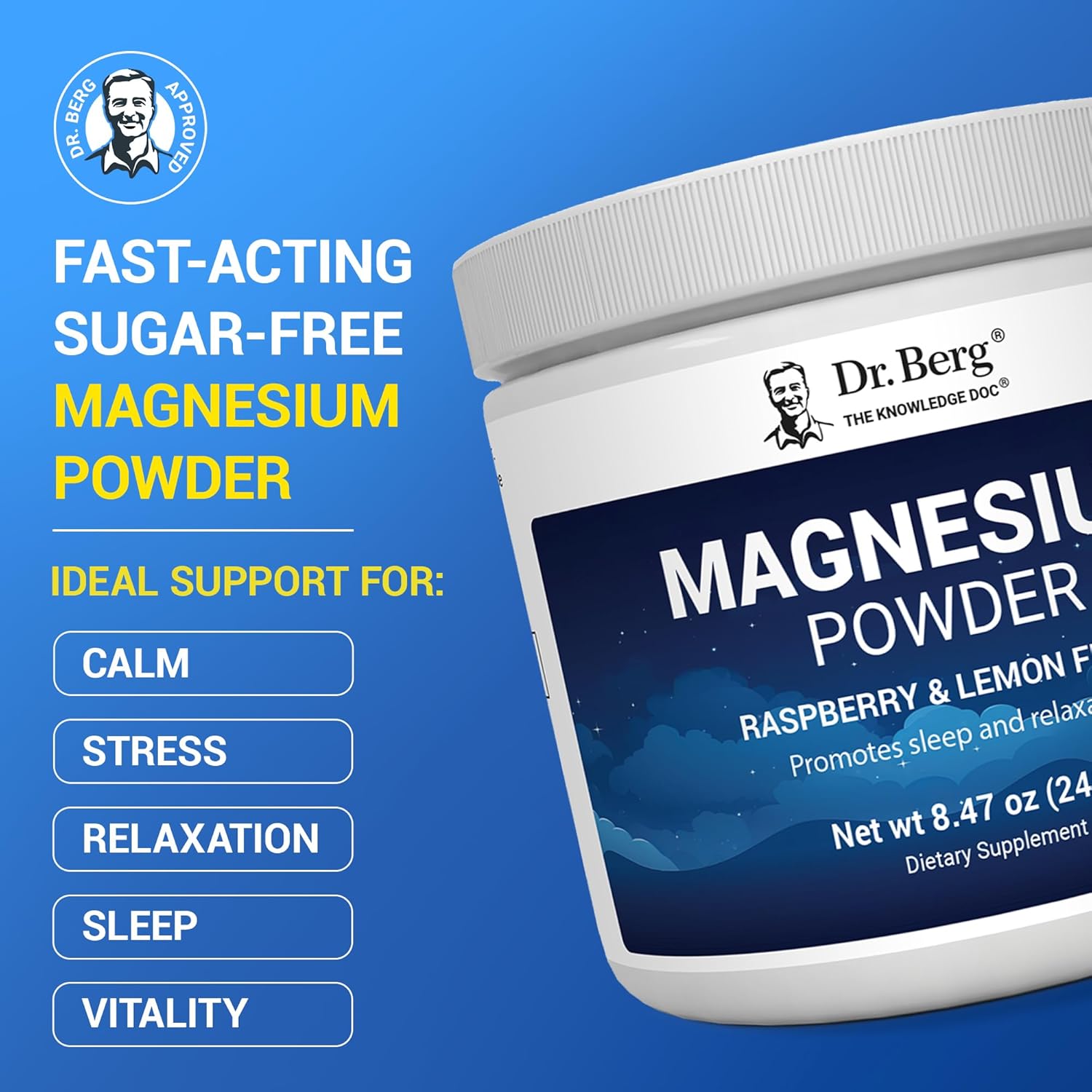 Magnesium Glycinate Powder for Sleep, Relaxation, & Stress Relief - Now Includes Vitamin D3 & Zinc - Delicious Raspberry & Lemon Flavor (50 Servings) Magnesium Powder - Magnesium Drink Powder