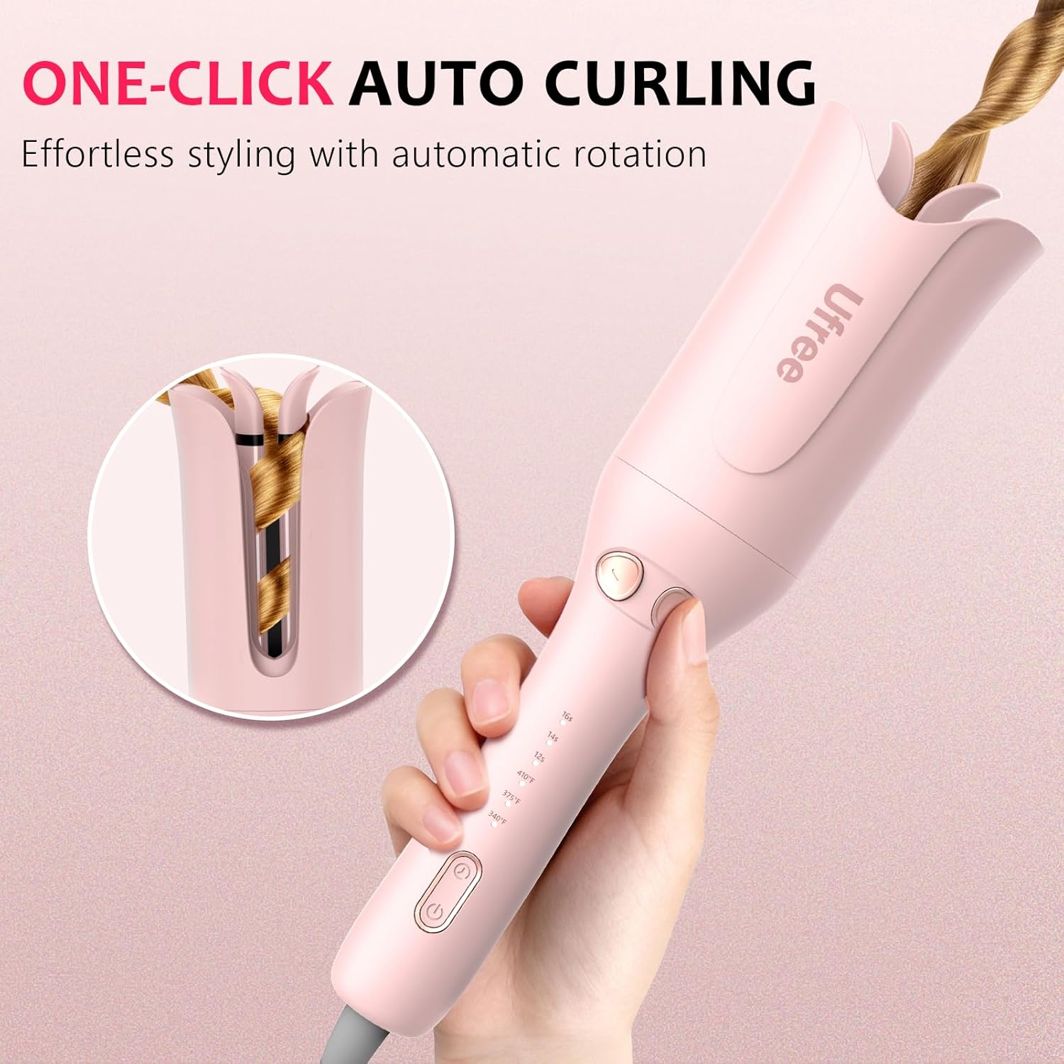 Automatic Rotating Curling Iron, 1 Inch Ceramic Curling Wand, 1-Click Hair Curler with 3 Heat & Timers, Anti-Scald Design, 1M Ionic Care, Dual Voltage for Travel Beach Waves, Pink