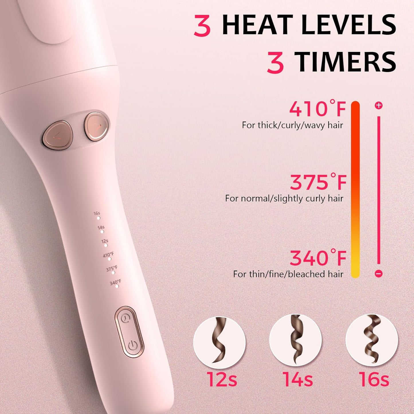 Automatic Rotating Curling Iron, 1 Inch Ceramic Curling Wand, 1-Click Hair Curler with 3 Heat & Timers, Anti-Scald Design, 1M Ionic Care, Dual Voltage for Travel Beach Waves, Pink