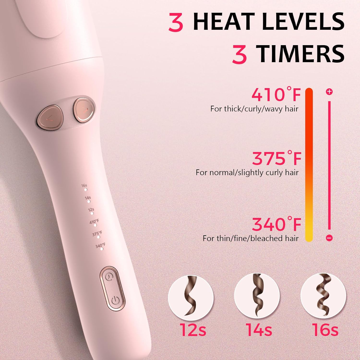 Automatic Rotating Curling Iron, 1 Inch Ceramic Curling Wand, 1-Click Hair Curler with 3 Heat & Timers, Anti-Scald Design, 1M Ionic Care, Dual Voltage for Travel Beach Waves, Pink