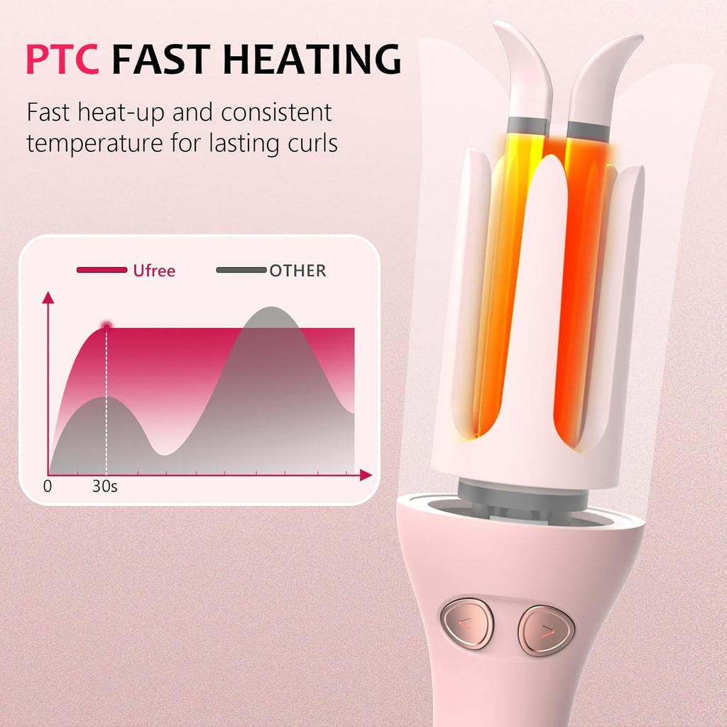 Automatic Rotating Curling Iron, 1 Inch Ceramic Curling Wand, 1-Click Hair Curler with 3 Heat & Timers, Anti-Scald Design, 1M Ionic Care, Dual Voltage for Travel Beach Waves, Pink