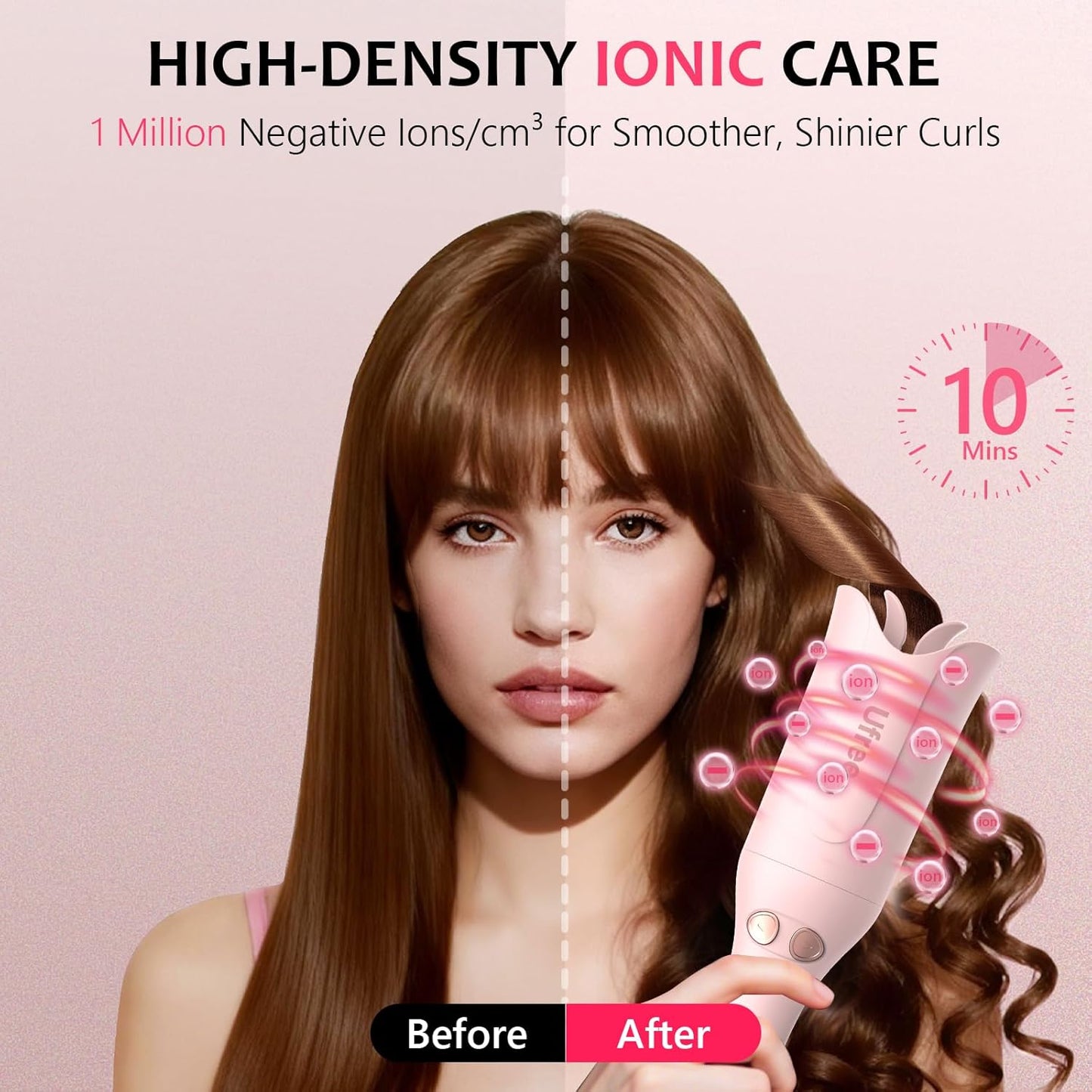 Automatic Rotating Curling Iron, 1 Inch Ceramic Curling Wand, 1-Click Hair Curler with 3 Heat & Timers, Anti-Scald Design, 1M Ionic Care, Dual Voltage for Travel Beach Waves, Pink