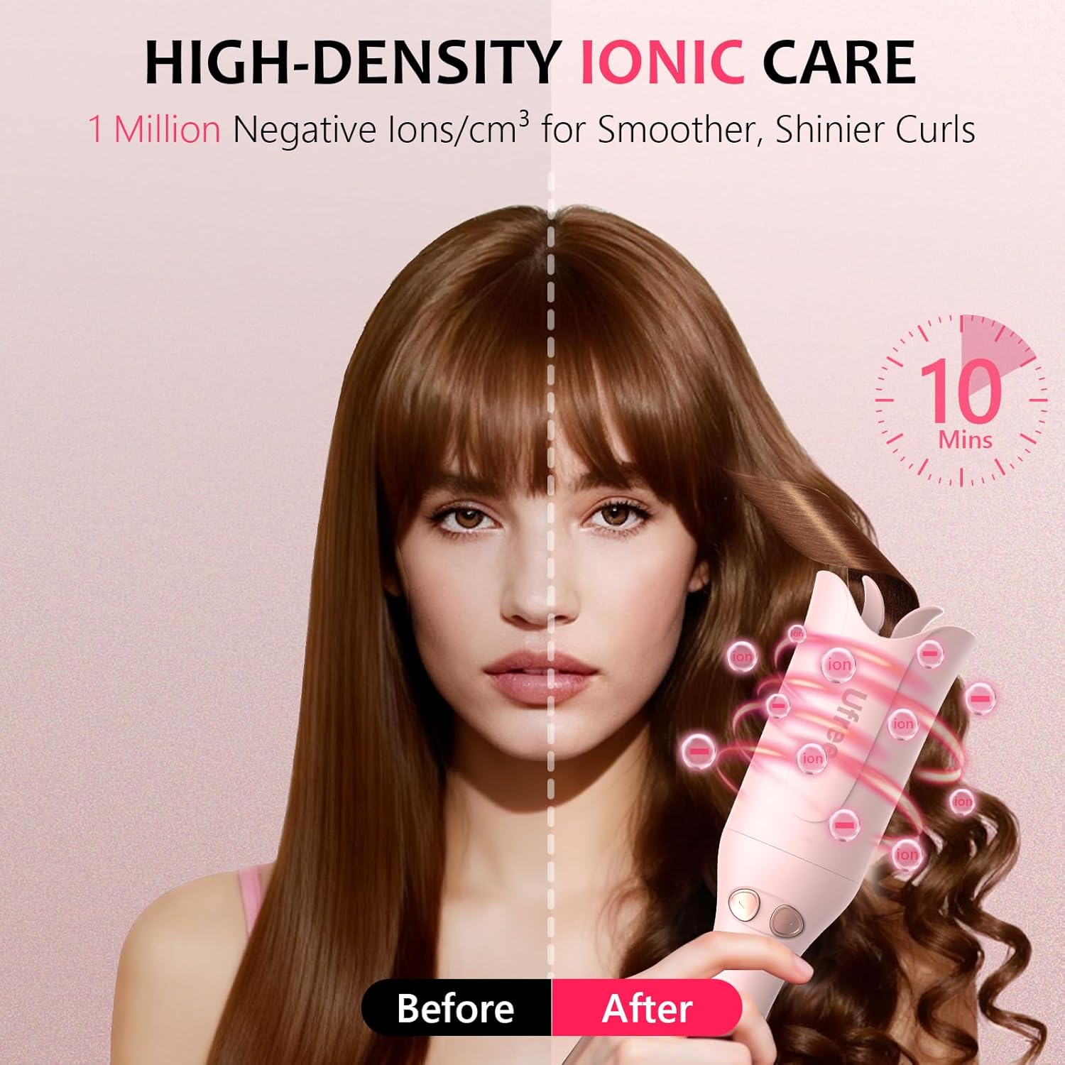 Automatic Rotating Curling Iron, 1 Inch Ceramic Curling Wand, 1-Click Hair Curler with 3 Heat & Timers, Anti-Scald Design, 1M Ionic Care, Dual Voltage for Travel Beach Waves, Pink