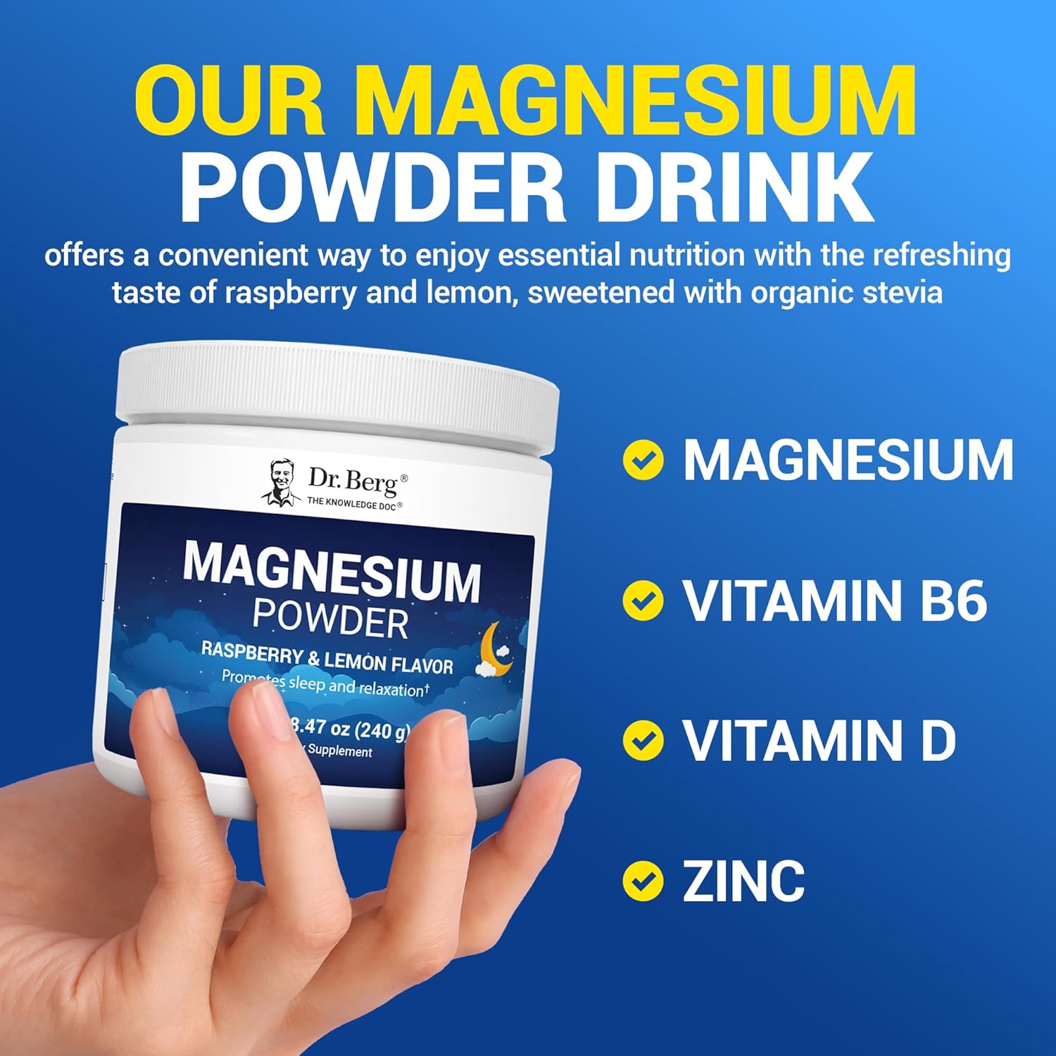 Magnesium Glycinate Powder for Sleep, Relaxation, & Stress Relief - Now Includes Vitamin D3 & Zinc - Delicious Raspberry & Lemon Flavor (50 Servings) Magnesium Powder - Magnesium Drink Powder