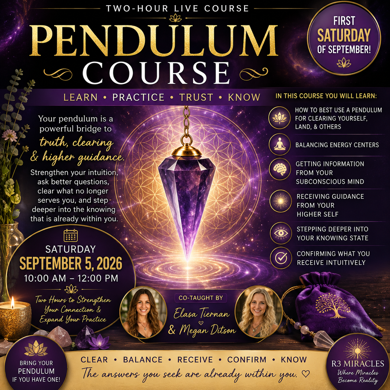 Saturday 10-12pm 9/5th Pendulum Course w/ Elasa and Megan
