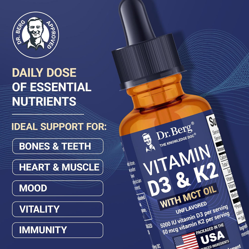 Maximum Strength Vitamin D3 K2 Liquid Drops with MCT Oil – 5,000 IU Liquid Vitamin D3 with K2 – Supports Strong Bones, Heart, Energy, Immunity, and Overall Vitality* - Unflavored 1 Fl Oz