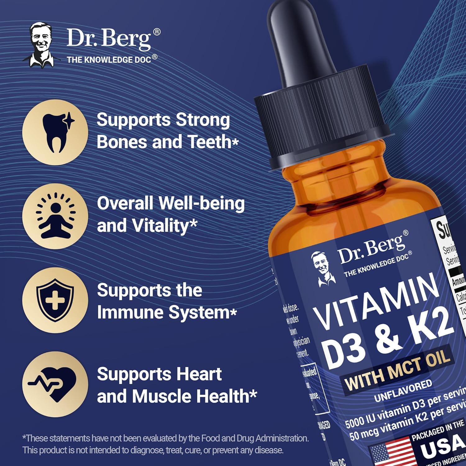 Maximum Strength Vitamin D3 K2 Liquid Drops with MCT Oil – 5,000 IU Liquid Vitamin D3 with K2 – Supports Strong Bones, Heart, Energy, Immunity, and Overall Vitality* - Unflavored 1 Fl Oz