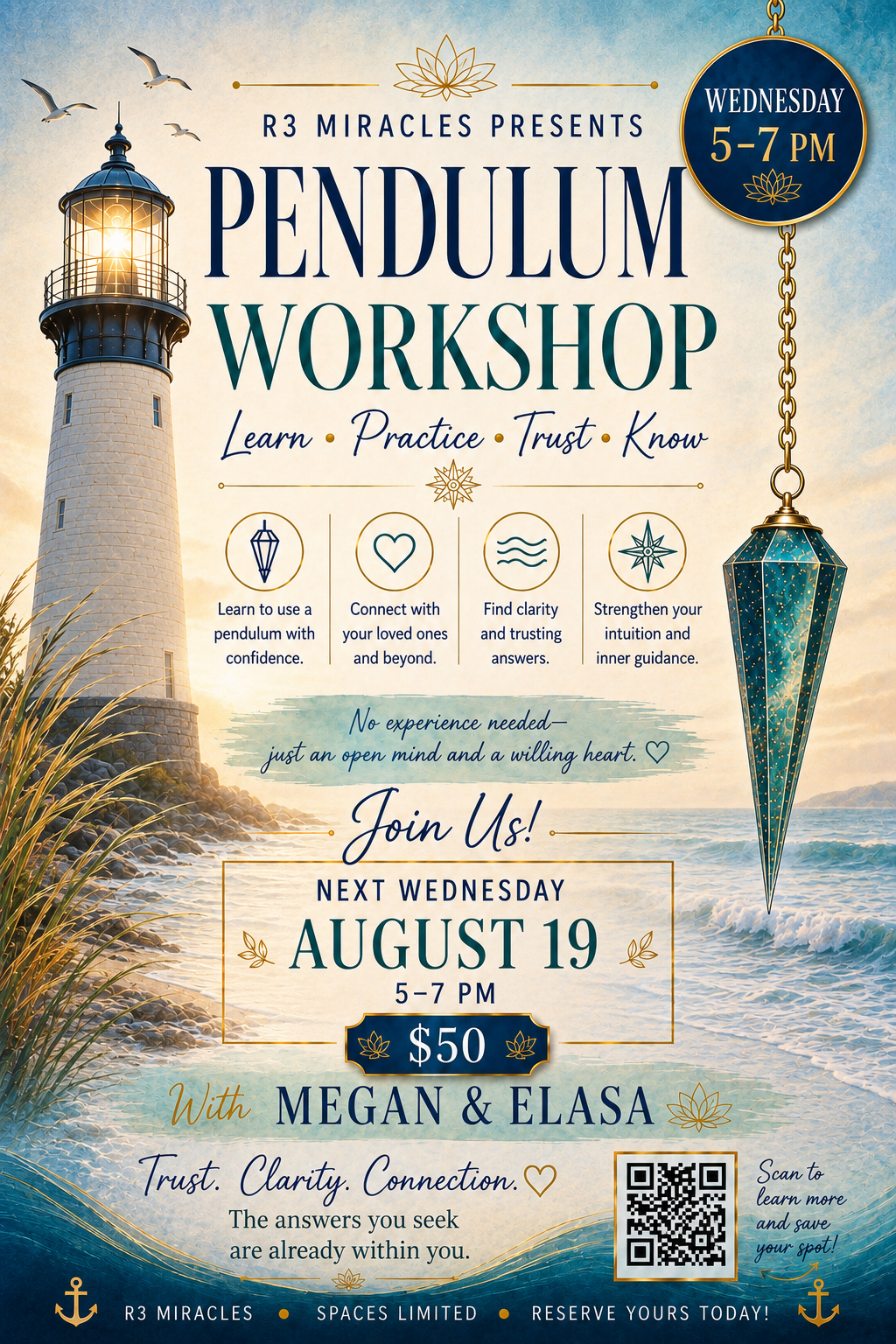 Wednesday August 19th 5-7pm Pendulum Workshop with Elasa & Megan