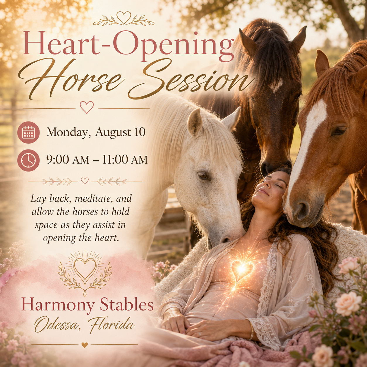 Monday 8/10 9-11am A SACRED EQUINE HEALING EXPERIENCE Heart-Opening Horse Session