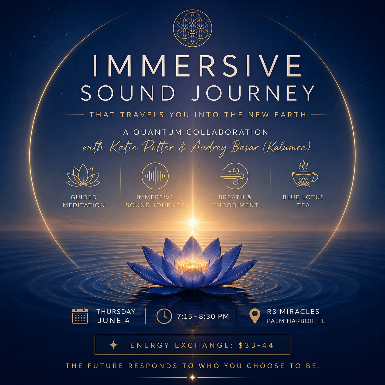 IMMERSIVE SOUND JOURNEY | Thursday, June 4 | 7:15–8:30 PM Travel into the New Earth A Quantum Collaboration with Katie Potter; Audrey Basar (Kalumra)