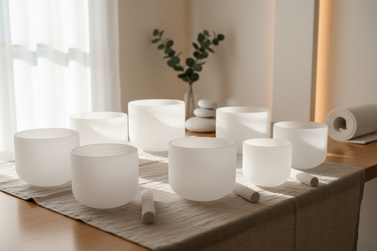 White bright wellness crystal singing bowls, and wellness sessions